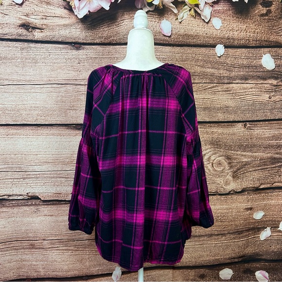 SOLD 🛍️ Woman Within Women’s Cotton Purple Plaid Balloon Sleeve Flared Blouse - Picture 7 of 8